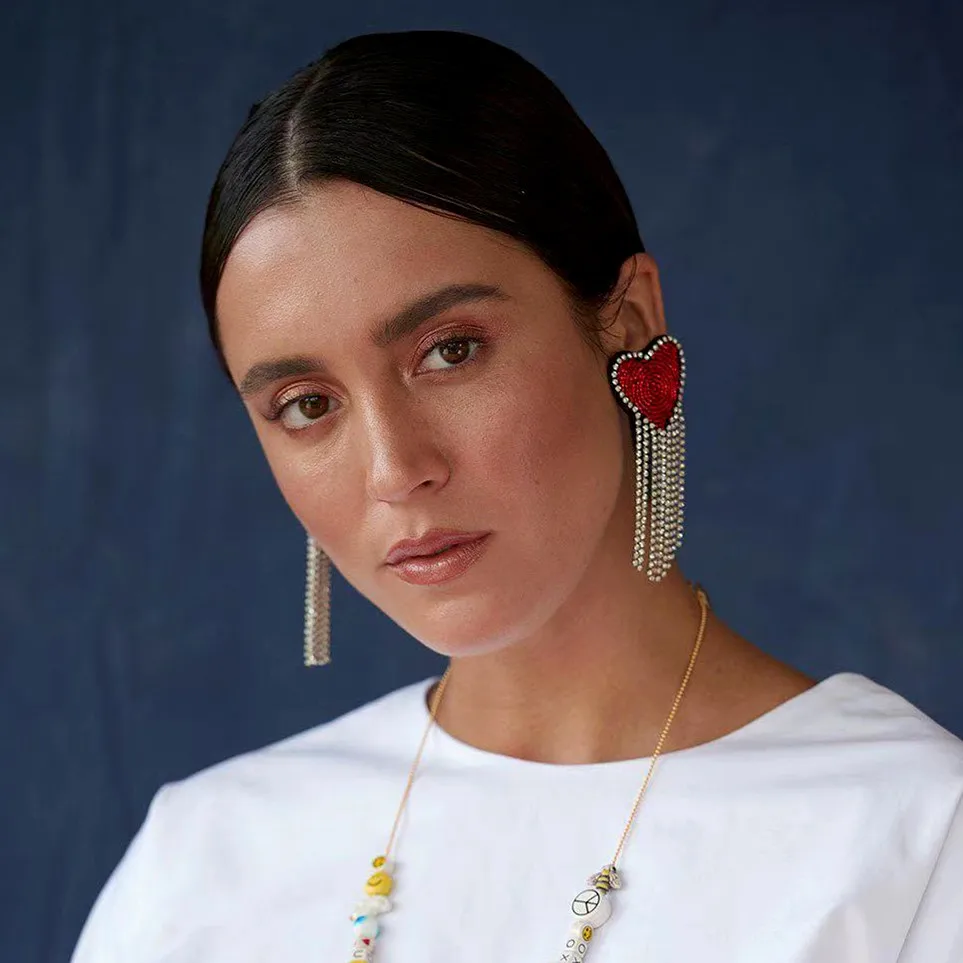 

New Arrival Shiny Red Rhinestone Heart With Chain Women Dangle Earrings Hot Fashion Show Girls' Statement Earrings Accessories