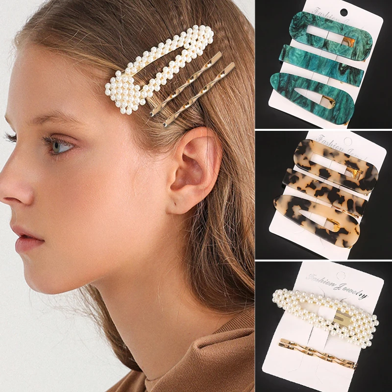 

3PCS/Set New Fashion Sweet Cute Pearls Acetate Geometric Hair Clips For Women Girls Headband Hairpins Barrettes Hair Accessories