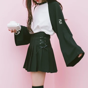

Autumn New Women Solid Color Bandage Wild Pleated Skirt Girls Black JK Uniform High Waist Short Skirt A-line skirt College style