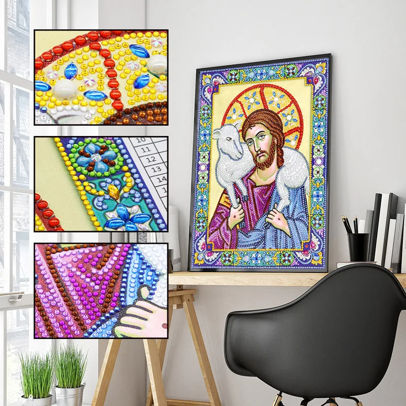 RUBOS 5D DIY Diamond Painting Icon of the Savior Good Shepherd Diamond Embroidery Mosaic Partial Large Bead Pearl Stone Sale Set (1)