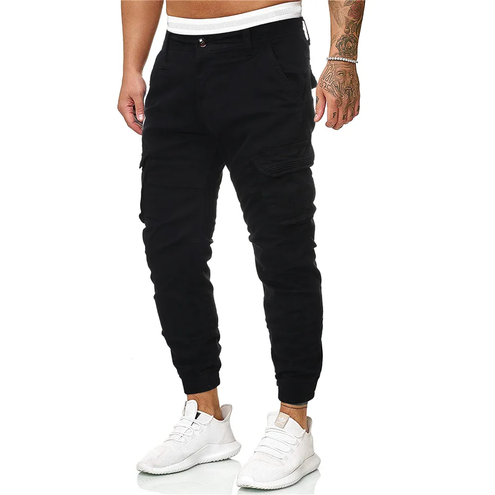 

Hot Sales Autumn And Winter New Style Europe And America Solid Color Men Multi-pockets Pure Cotton Casual Cargo Trousers Ankle B