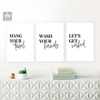 

Minimalist Let's Get Naked Hang Your Towel Quotes Canvas Painting Black White Wall Art Poster Print Pictures Wash Your Hands