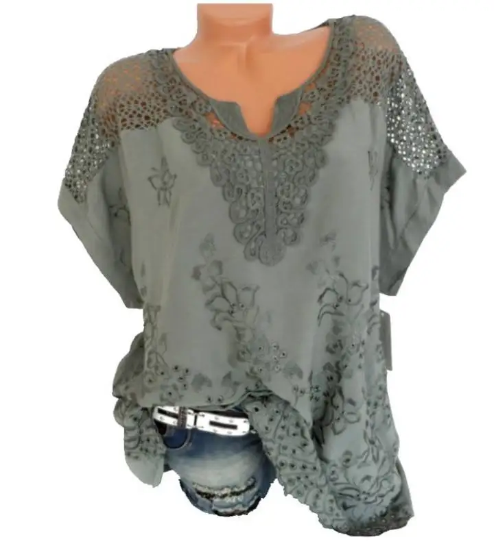 

Women Hollow Out Lace Blouses V-Neck Embroidered Bat Short-Sleeved Round Collar Blouses