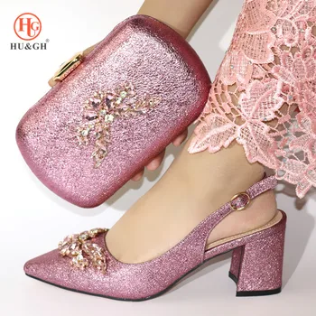 

Hot Sell Pink Color High Heels Shoes With A Matching Bag For African Women Party Italian Designs Lady Wedding Shoes And Bag Set