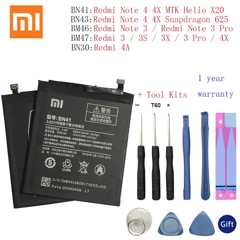 Xiao Mi BN41 Оригинальный аккумулятор для телефона Xiaomi Redmi Note 4 4X 3 Pro 3S 3X 4A BN43 BN30 BM46 BM47