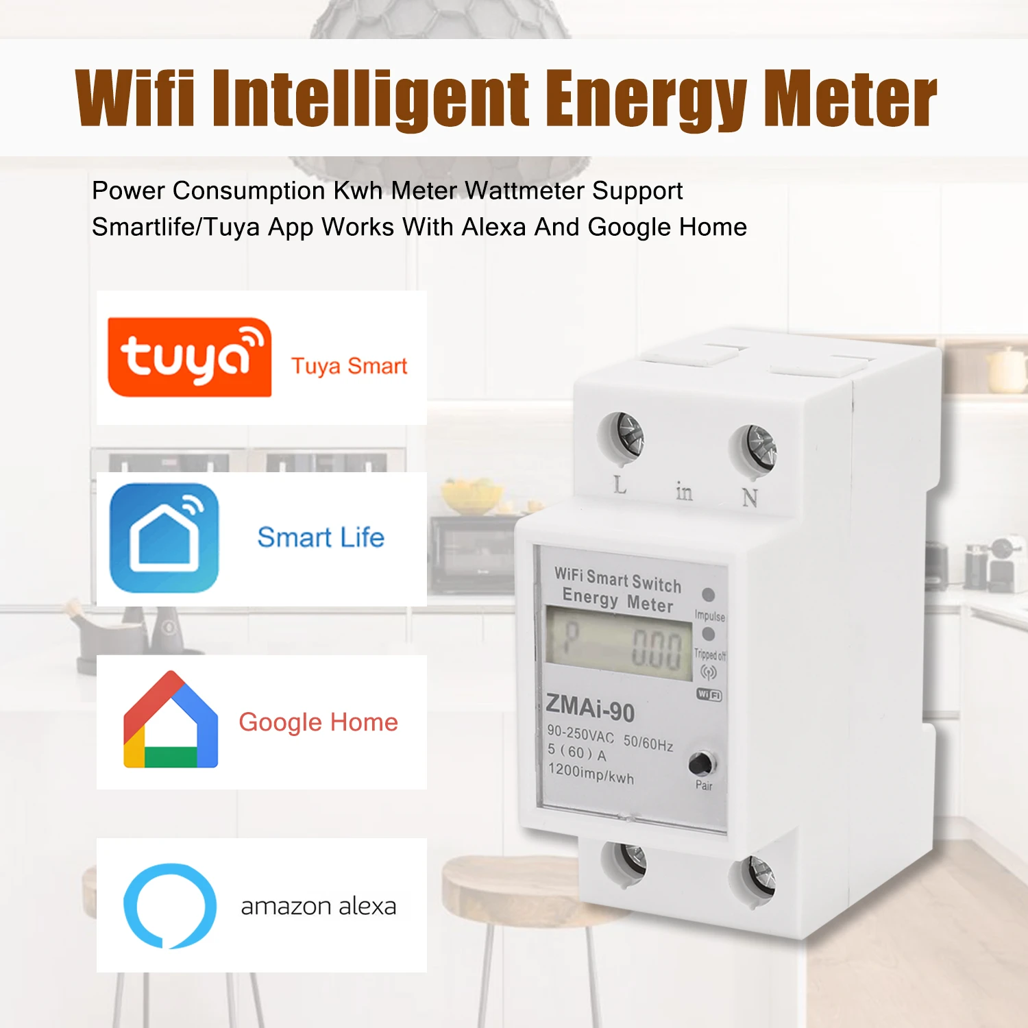 Digital Electric Consumption Kwh Din Rail Smart Energy Meter Wifi Power  Meter Watt Ac 90-250v With Display For Alexa Google Home - Energy Meters -  AliExpress