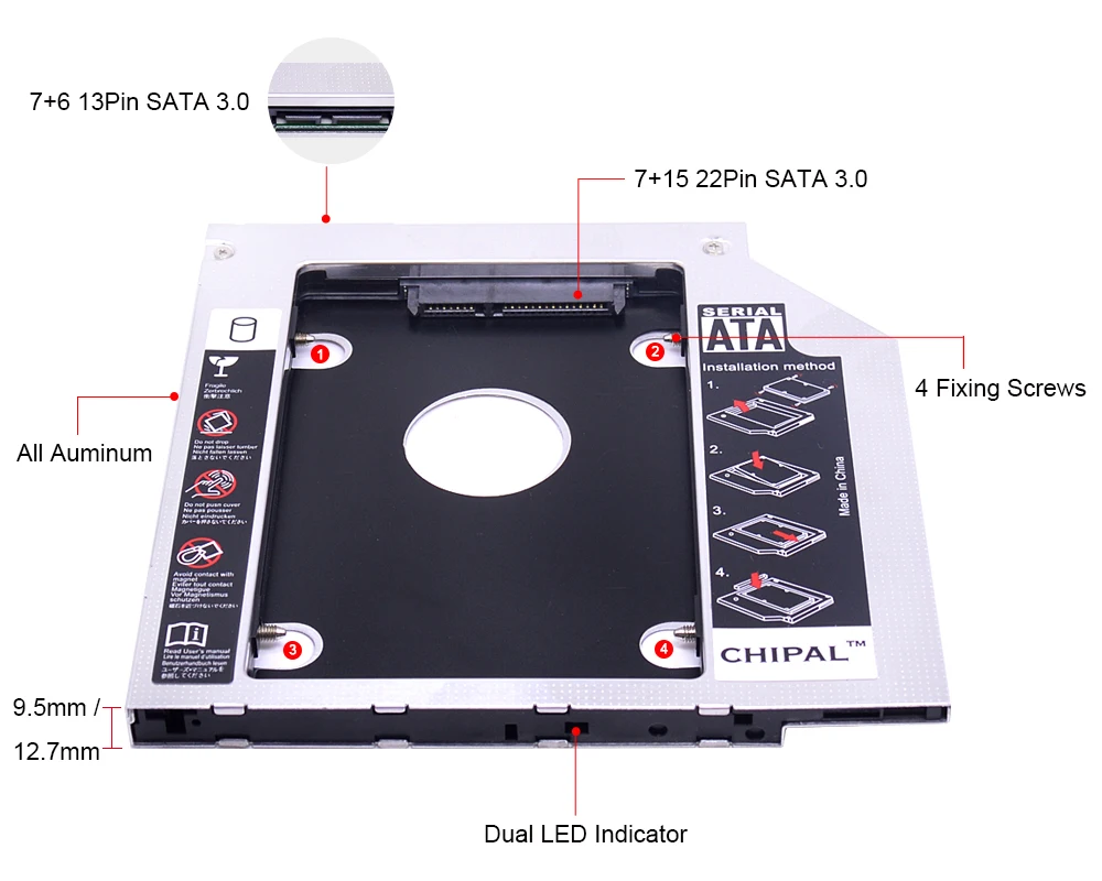 Чипа Алюминий 2nd HDD Caddy 9 5 мм 12 7 SATA 3 0 двойной светодиодный для 2 &quot ВЫСОКАЯ ЧЁТКОСТЬ