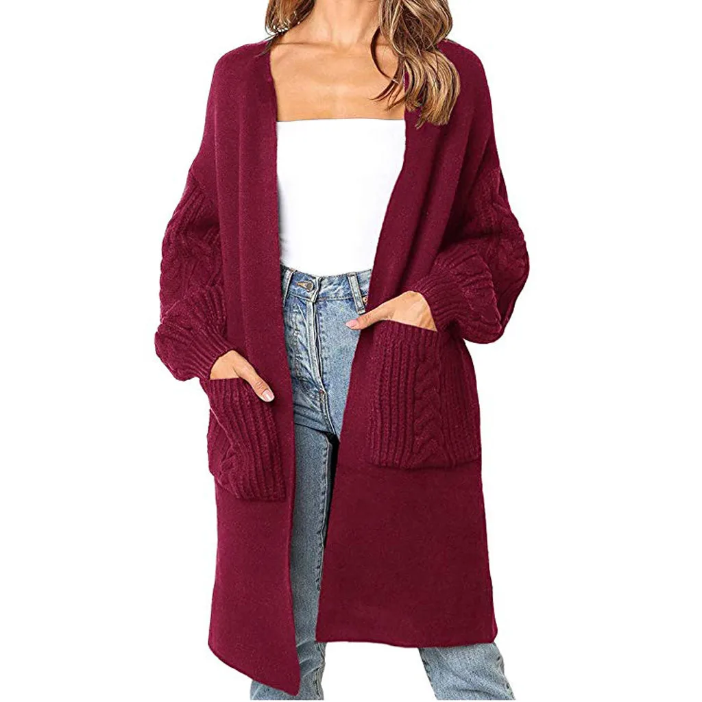 

Women Sweater Fashion Autumn Winter Ladies Solid Knitted Long Sleeve Pockets Cardigans Sweater Top Outerwear A40#