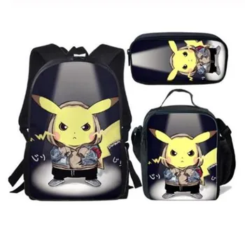 

3PCS Kids Cute Anime Schoolbags Sets for Girl Pokemon Boys Shoulder Satchel Bag Children Japanese Cartoon Backpack