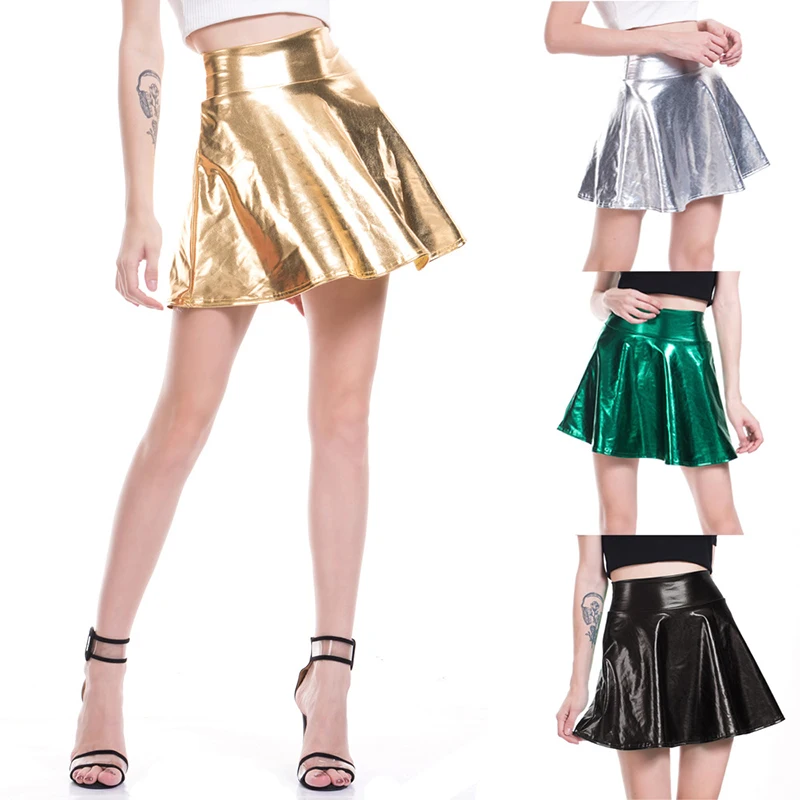

Summer Sexy Laser High Waist Mini PU Leather Skirt Harajuku JK Metallic Pleated Skirts Club Party Dance Shiny Holographic Skirt