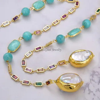 

GG Jewelry 38" Cultured White Keshi Pearl Amazonite Rectangle CZ pave sweater Chain Long Necklace