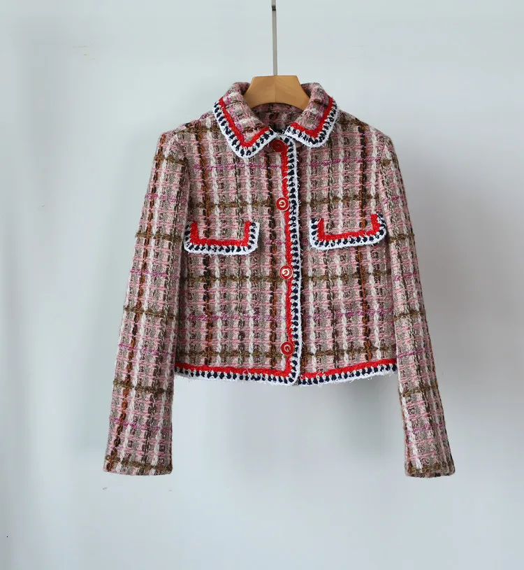 High Quality Tweed 2 Piece Set Fall Designer Pink Plaid Tweed Jacket Skirt Suit Single Breasted Wool Coat& One Step Skirt