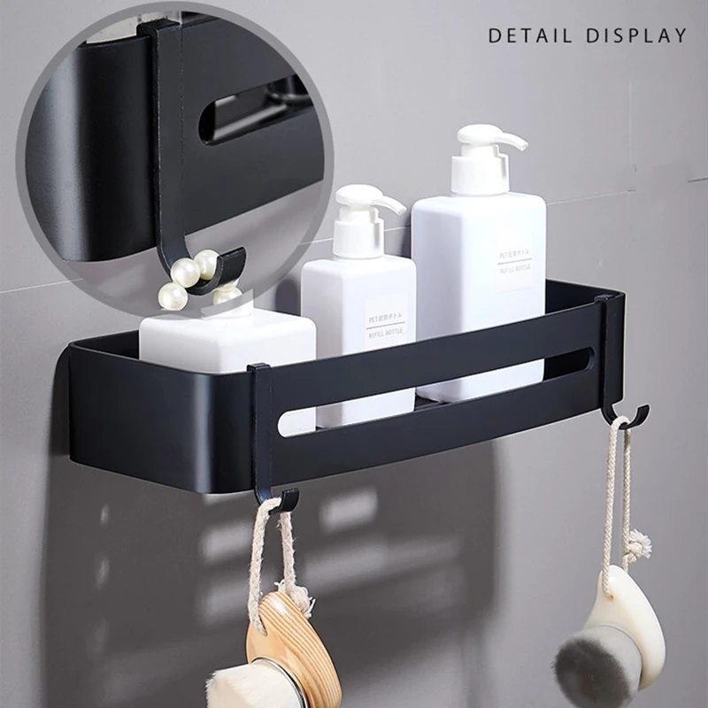 Küchenregal, Schwarzer Organizer, Wandmontage, Aluminiumlegierung, Quadratisch, Für Shampoo, Dusche, Badezimmer-Hardware Mit Haken