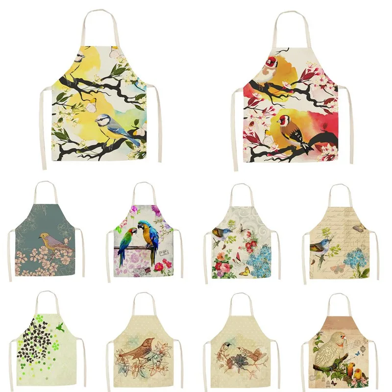1Pcs Kitchen Cooking Apron Beautiful Flowers Bird Printed Home Sleeveless Cotton Linen Aprons for Men Women Baking Accessories