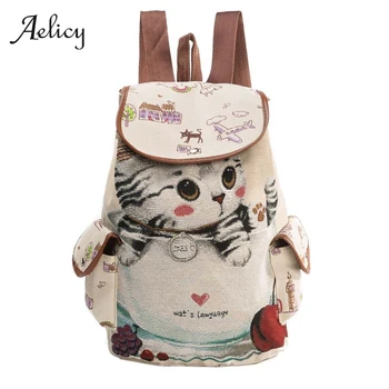 

Aelicy Casual Canvas School Backpack Women Lovely Cat Printed Drawstring Backpack Teenager Large Capacity Ladies School Bag 2019