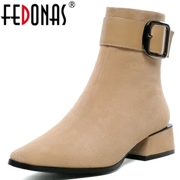 

FEDONAS New Warm Kid Suede Women Ankle Boots Square Heels Buckle Chelsea Boots Elegant Short Boots Female Plus Size Shoes Woman