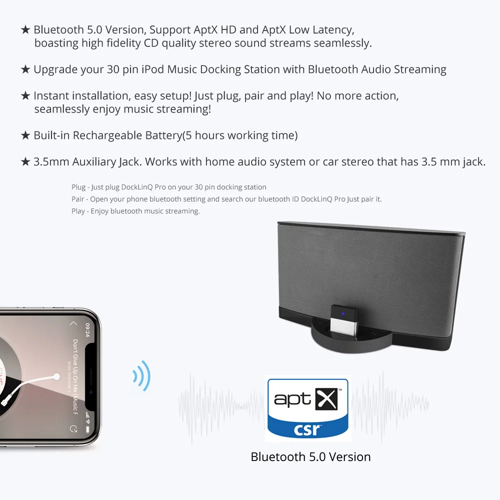 Adaptateur Bluetooth pour r/écepteur Audio de Musique pour Haut-Parleur Dock Sounddock Compatible 30 Broches Noir