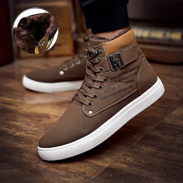 US $14.49 Ankle boots men sneakers 2019 fashion lace-up solid winter shoes men snow boots warm fur flat with 