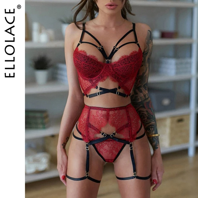 Комплект женского нижнего белья Ellolace, из 3 предметов, с бандажным бюстгальтером без косточек, с красными кружевными подвязками 1