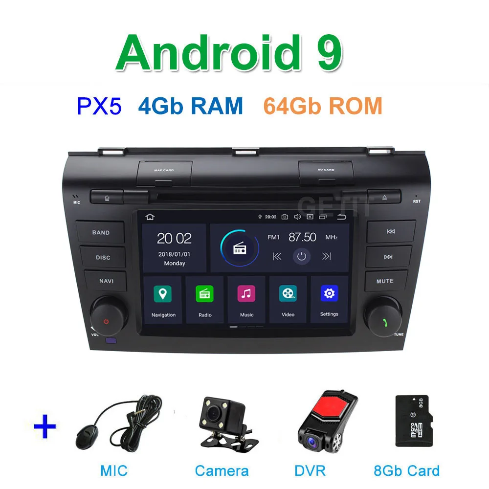 PX6 Автомобильный DVD стерео Мультимедиа Радио Android 9 для Mazda 3 2003~ 2009 4G ram - Цвет: PX5 CAM DVR SD
