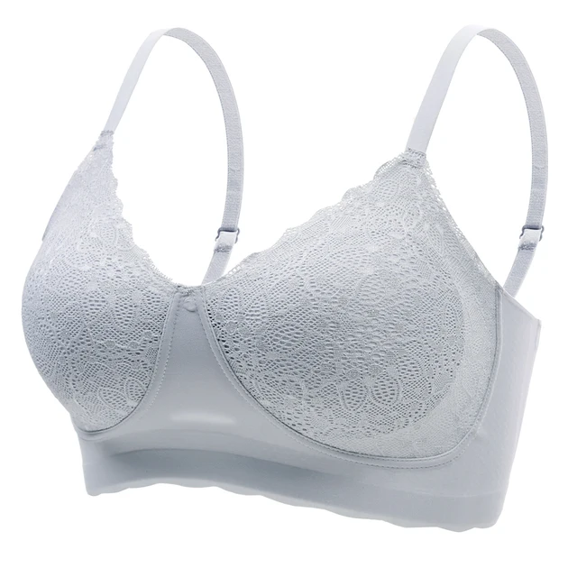 Women's Latex Underwear Sexy Lace Traceless Breathable Underwear Steel Ring Sling Adjustable Women's Bra grey