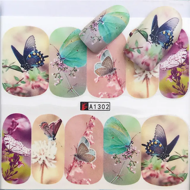 Nails Stickers Maple Leaf Seahorse Nail Sticker Pattern Transfer Nails Series Watermark Nail Decals Flowers Butterflies Color A1302