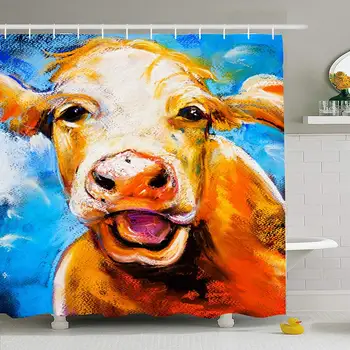 

Shower Curtain Set with Hooks 66x72 Original Caw Drawing Pastel Cute Painting Textured Cow Texture Design Farm Modern Animals