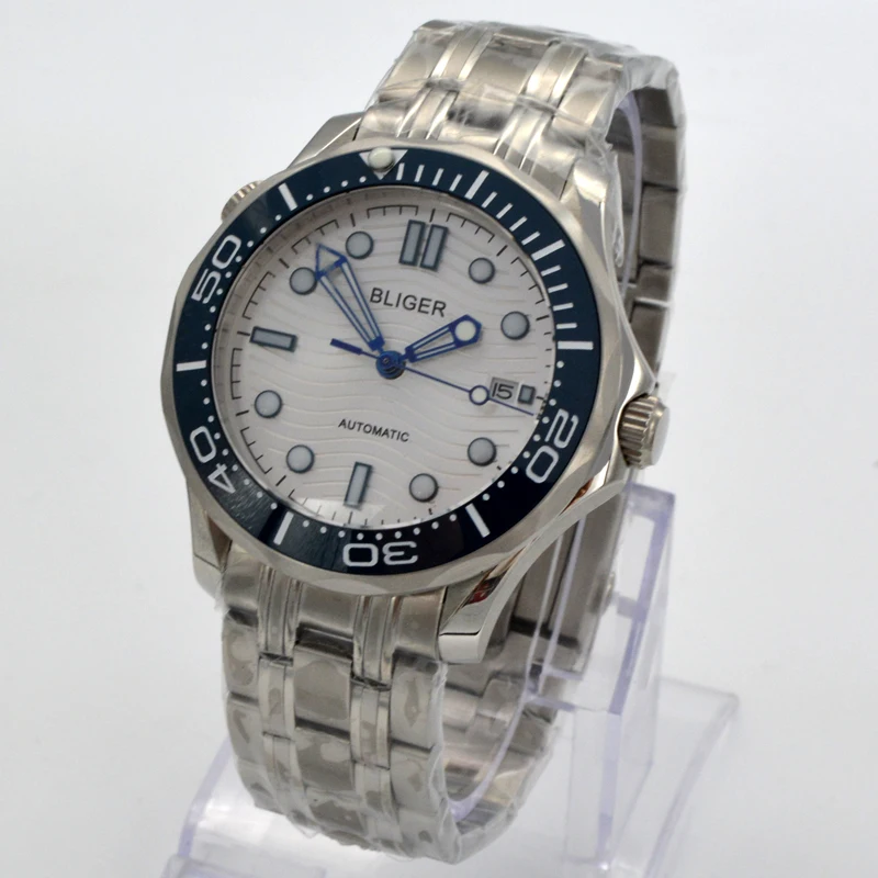Роскошные Механические часы Bliger 41 мм, мужские водонепроницаемые часы с белым циферблатом, яркий керамический ободок, браслет из нержавеющей стали, Авто наручные часы