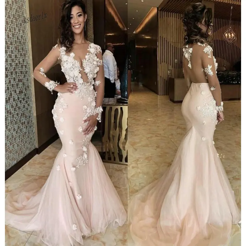 Illusion African Mermaid Prom Dresses Sheer Back Sexy 3D Appliques Lace Flowers Pageant Gowns Illusion Long Sleeves Evening Dres