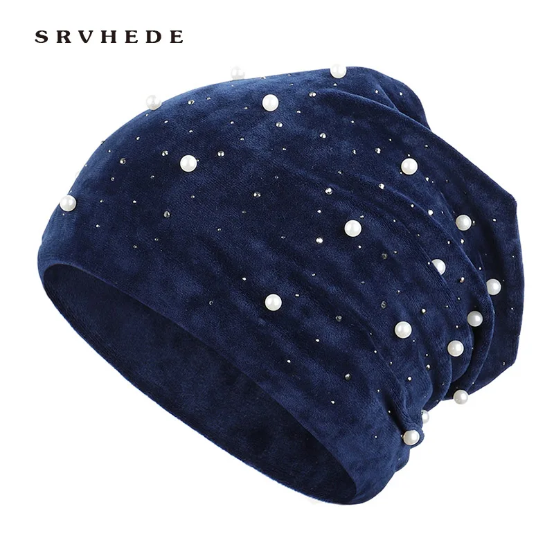 Толстая двойная бархатная перламутровая зимняя шапка Дамская одноцветная шапочки Skullies женская шапка женская зимняя шапка мягкая теплая шапка Дамская