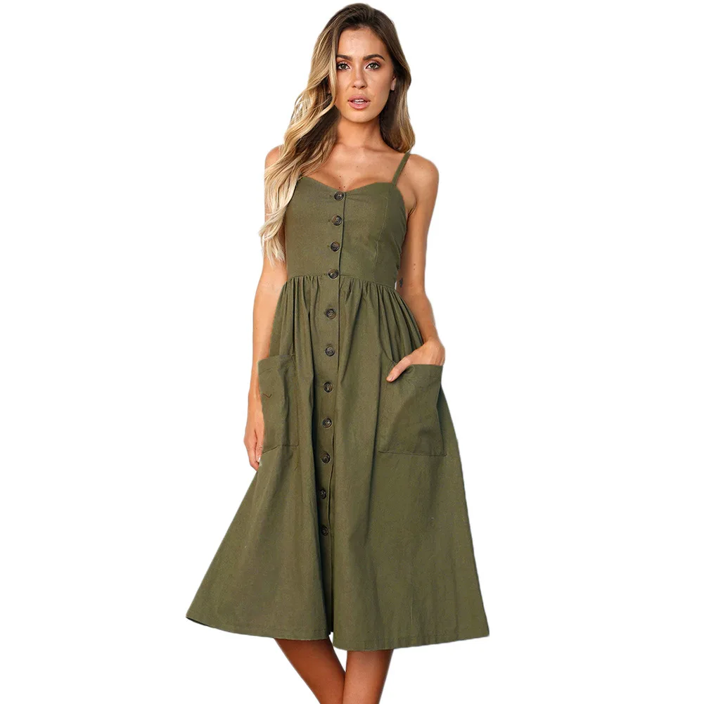 

Shi ying WOMEN'S Dress Sexy Camisole Low Collar Button Design Pleated High-waisted Have Pocket A- line Dress 610029