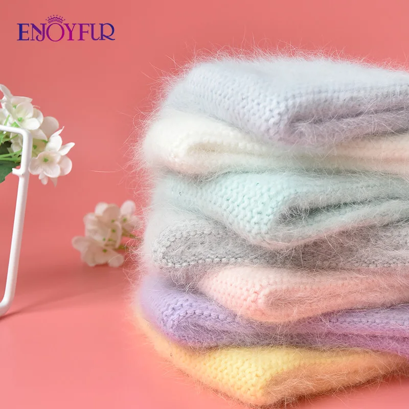 ENJOYFUR Women Winter Real Angora Rabbit Fur Hats Thick Warm Fashion Solid Colors Wool Knit Beanie Hat Female Bonnet Cap 5
