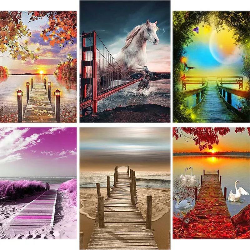 

Full Drill Daimond Painting Wooden Bridge Plant 5d Diy Diamond Embroidery Sea View Goose Animal Cross-stitch Home Decor Gift A38
