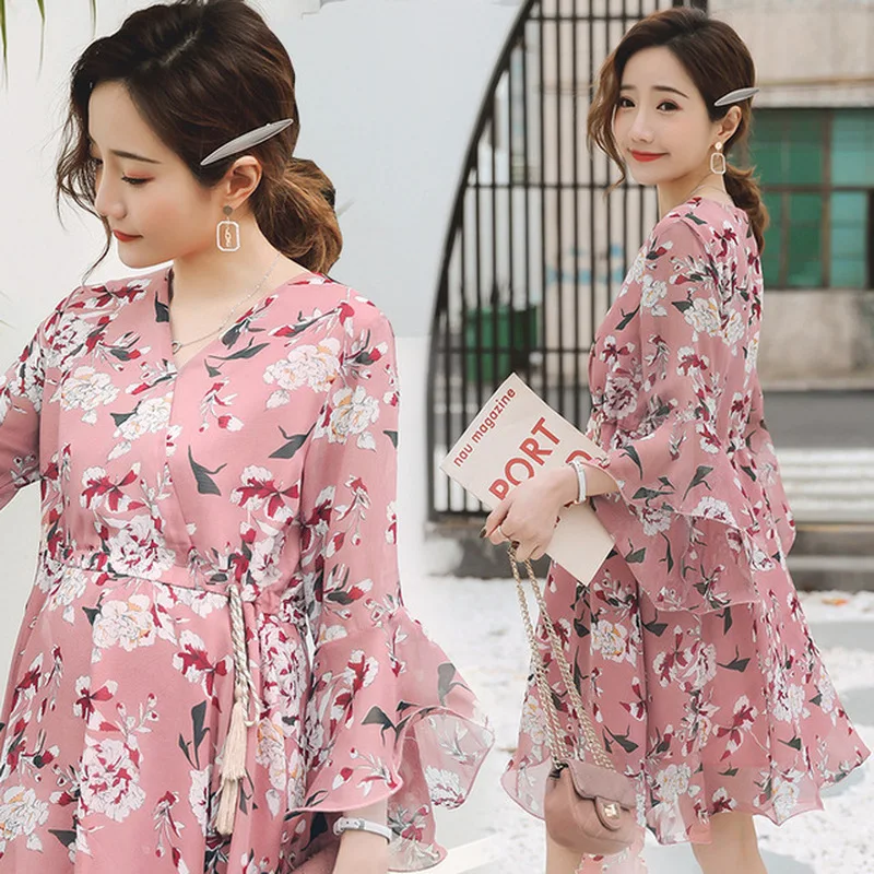

Floral Printed Chiffon Maternity Nursing Dress Summer V-neck Fashion Breastfeeding Clothes for Pregnant Women Elegant Pregnancy