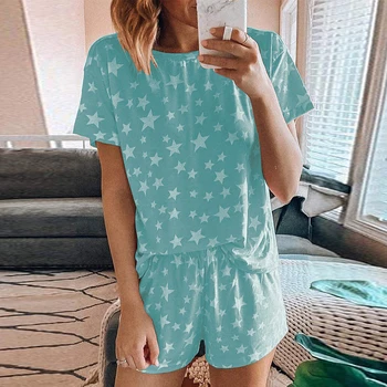 

2020 Womens Nightwear Pyjama 2020 Summer Femme Night Suit Star Printed Short Sleeve Pajama Set Night Top Short Sleepwear