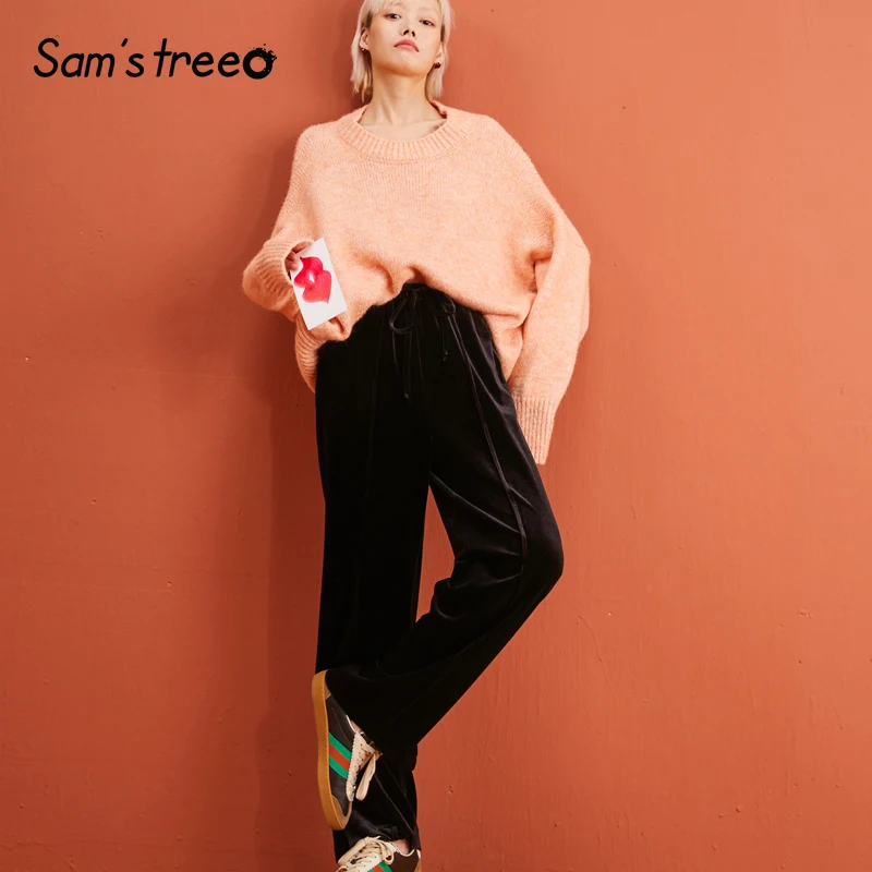 SAM'S TREE/черные однотонные женские прямые штаны с разрезом, зимние Однотонные эластичные свободные штаны с завязками на талии для офисных леди