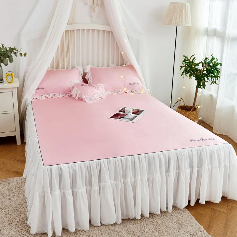 

Summer bed skirt set 3pcs/set ice fiber bed sheet set pillowcase cool Bed cover lace home princess bed dust ruffles home textile