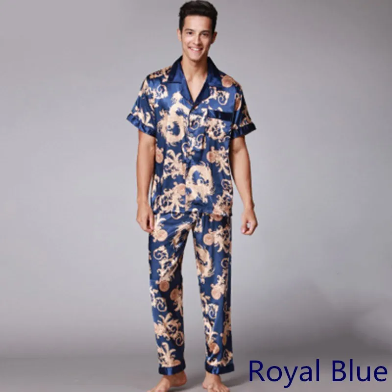 Мужская Шелковая пижама, футболка и длинные штаны, эластичная резинка на талии, мужские пижамы, сексуальный современный стиль, мягкая домашняя одежда для отдыха, домашняя одежда - Цвет: Royal Blue