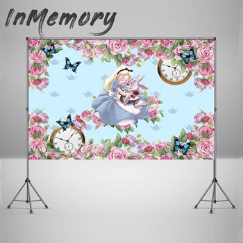 

Alice in Wonderland Kids Birthday Party Custom Photo Studio Background photocall poster flower rabbit photography Backdrops