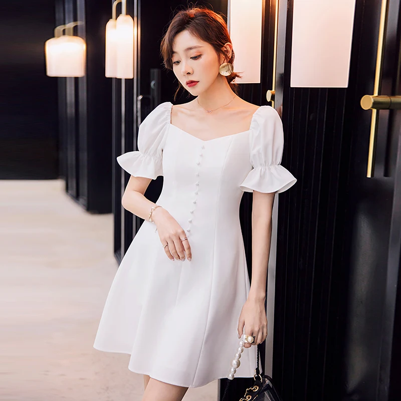

YIGELILA Women White Dress Summer Fashion V-neck Flare Sleeve Empire Slim Solid A-line Dress 65026