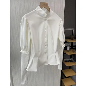 

Women Shirt Retro Puff Sleeve Shirt Women's White Collar Shirt Temperament