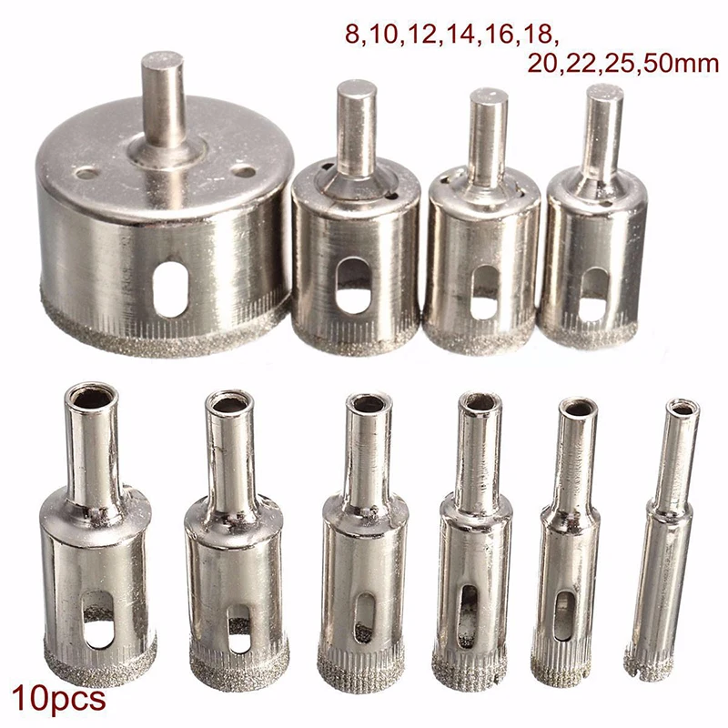 DWZ 10pcs 8-50mm Diamond Coated Hole Saw Drill Bit Set for Tile Ceramic Marble Glass