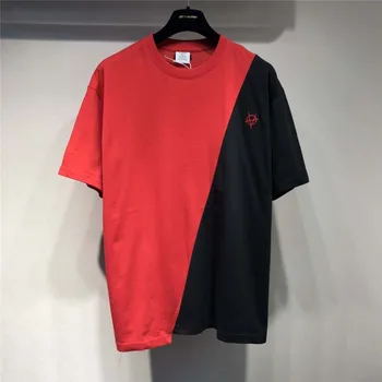 

Red Black Patchwork Vetements T-shirt Men Women Streetwear Embroidery Logo Vetements T shirts VTM Tee