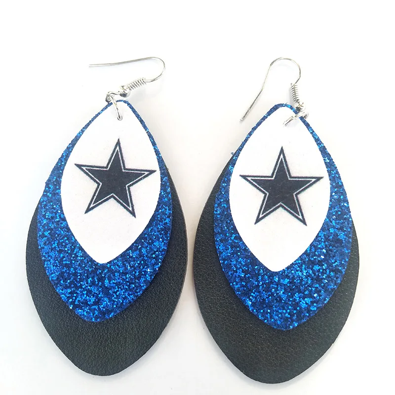 Blue Новинка, Dallas Cowboys,, тройные блестящие футбольные кожаные серьги, 3D, три слоя листьев, каплевидные серьги, командные подарки на заказ - Окраска металла: Blue