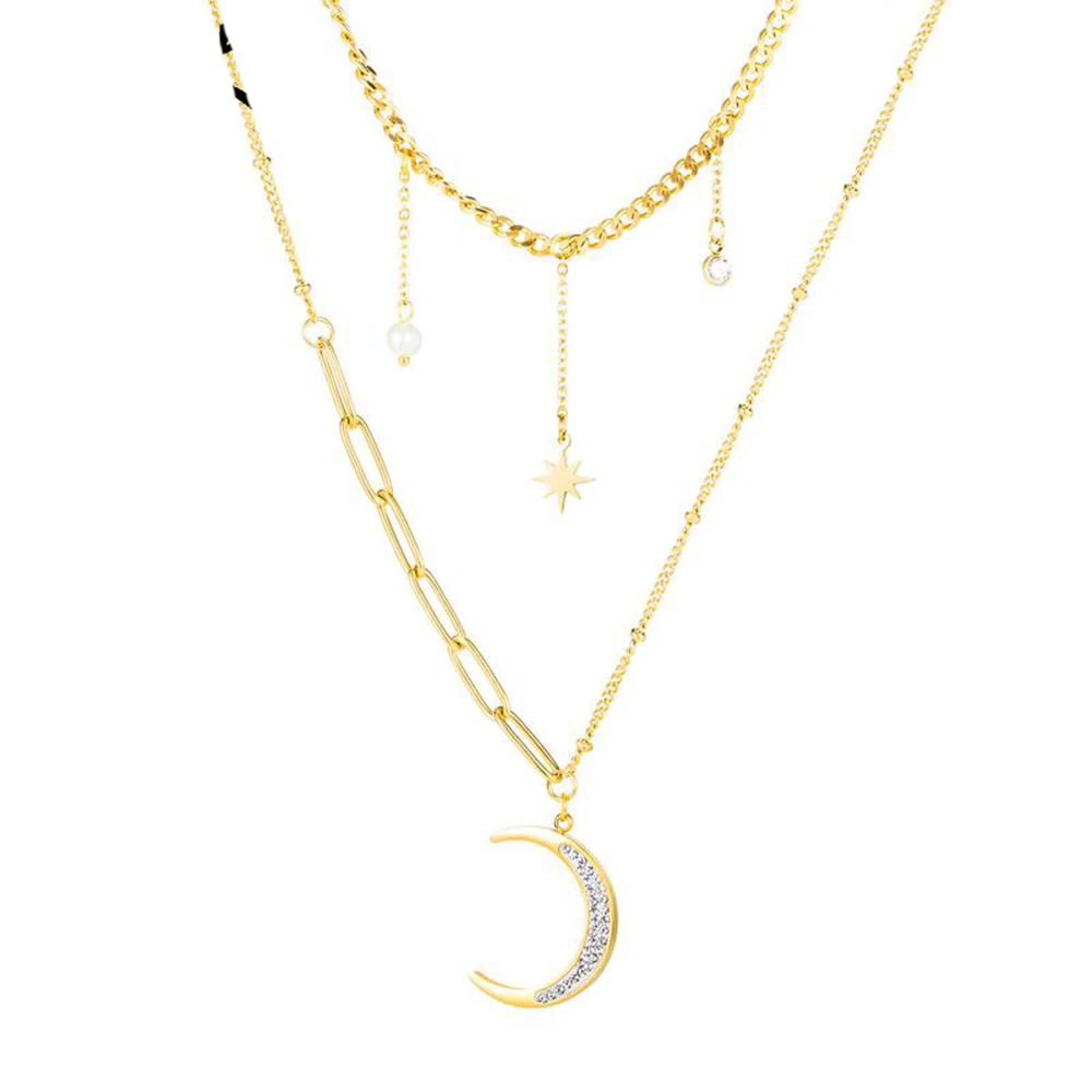 Yobest Fashion Simple Double Layer Star Moon Charm Necklace Delicate Clavicle Chain Zircon Necklace For Women Jewelry