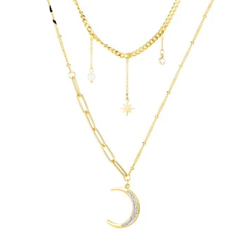 Yobest Fashion Simple Double Layer Star Moon Charm Necklace Delicate Clavicle Chain Zircon Necklace For Women Jewelry