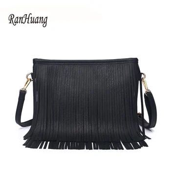 

RanHuang Women Tassel Shoulder Bags Pu Leather Messenger Bags Ladies Thin Handbags Fashion Crossbody Bags Black bolsa feminina