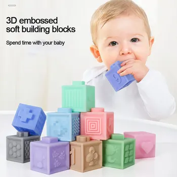 

3D Touch Cubes Juguetes Embossed Educational Building Blocks 3D Hanging Ball Babies Rubber Teether Squeeze Bath Toys For Toddler