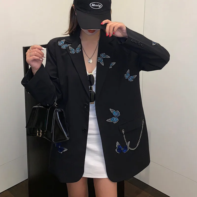New Autumn Fashion Casual Notched Embroidery Butterfly Single Breasted Loose Blazer Coat Women Long Sleeve Chain OL Suit Outwear