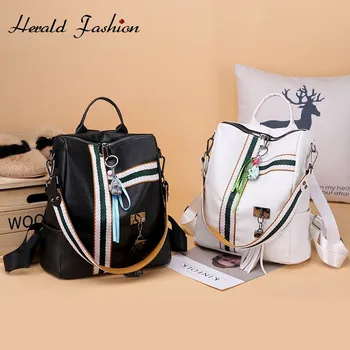 

Herald Fashion Women Leather Backpack Zipper School Bag For Teenagers Girls Small Pendant Backpack Female Multifunction Rucksack
